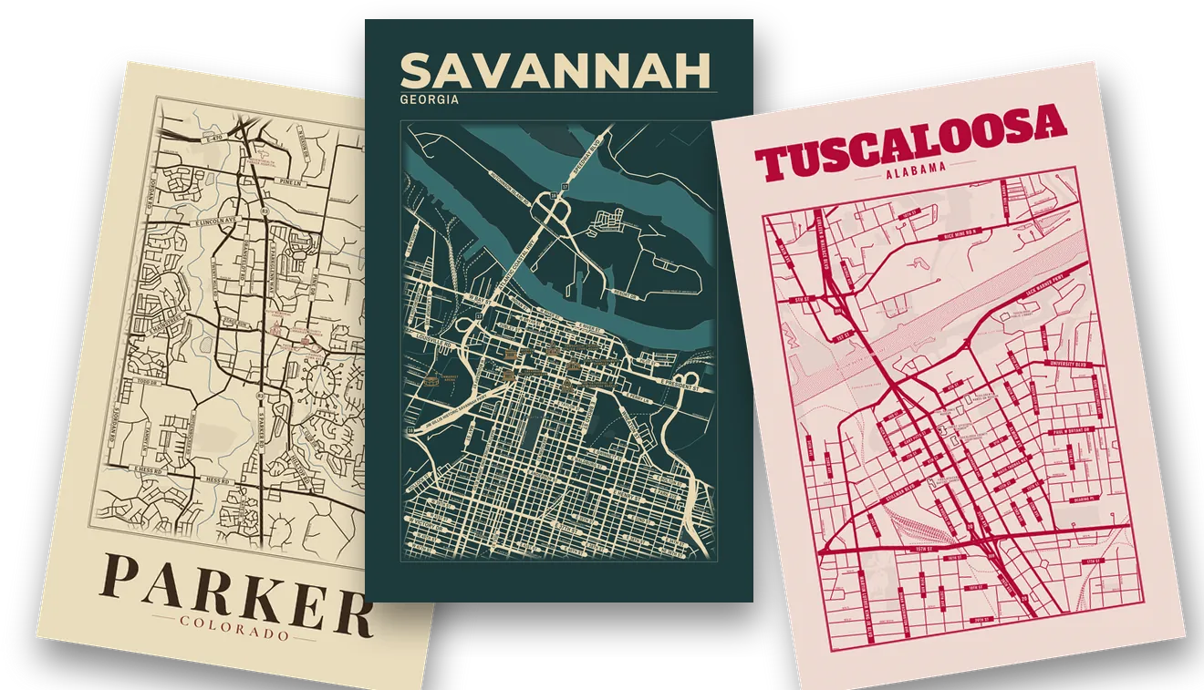 Three map posters: Parker in the Vintage style, Savannah in Quarry, Tuscaloosa in Letterpress